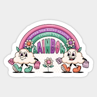 Rainbow and a pair of clouds fun cartoon mascots Sticker